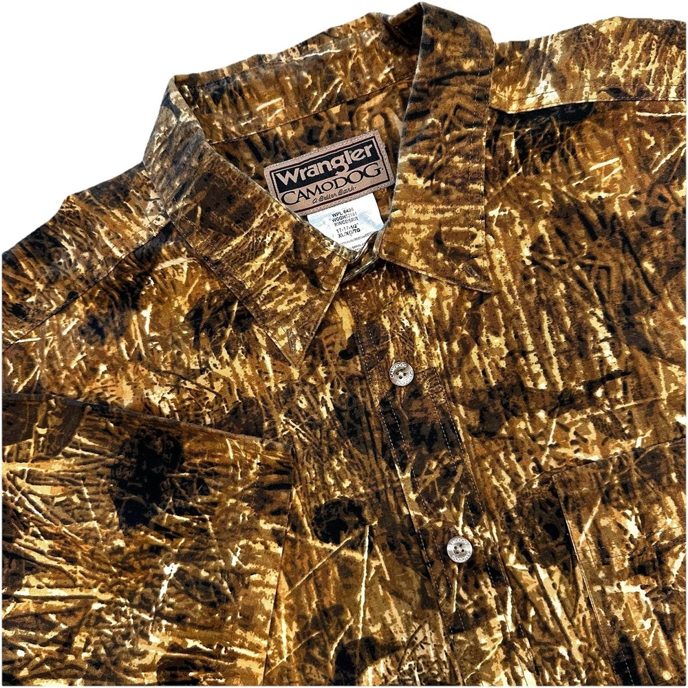 Wrangler Camodog Mens XL Short Sleeve Button Down Bark Camo WGGH52181 Brown